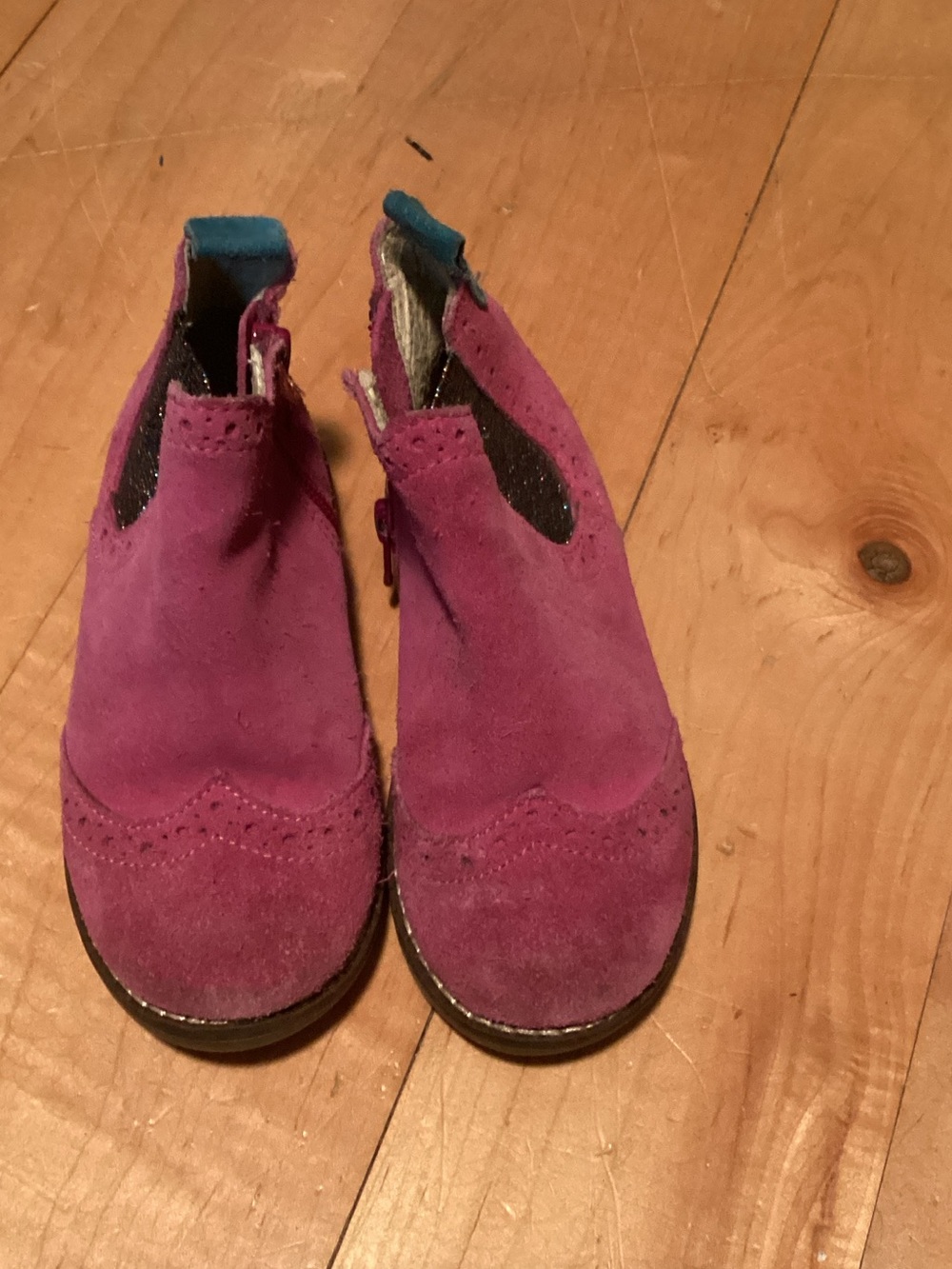 Kids Suede Ankle Boots in Magenta with Teal Heel Tab - Picture 3 of 5